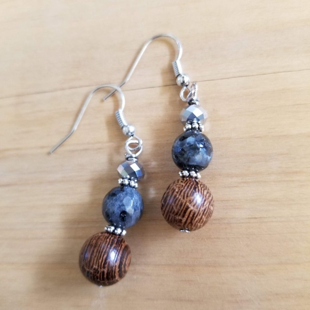 Black stone and wood drop earrings